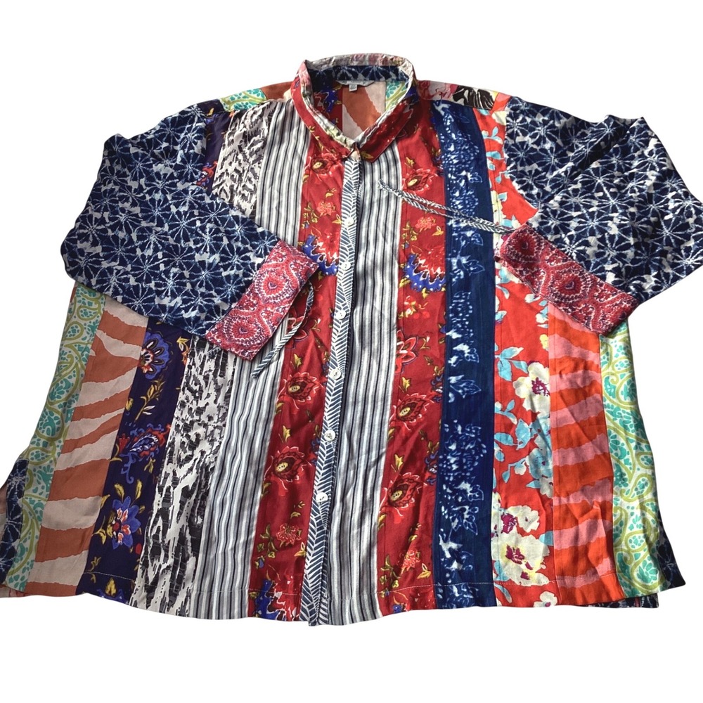 Johnny Mark Mixed Print Patchwork Button Front Blouse Multicolor 2X Rayon Blend